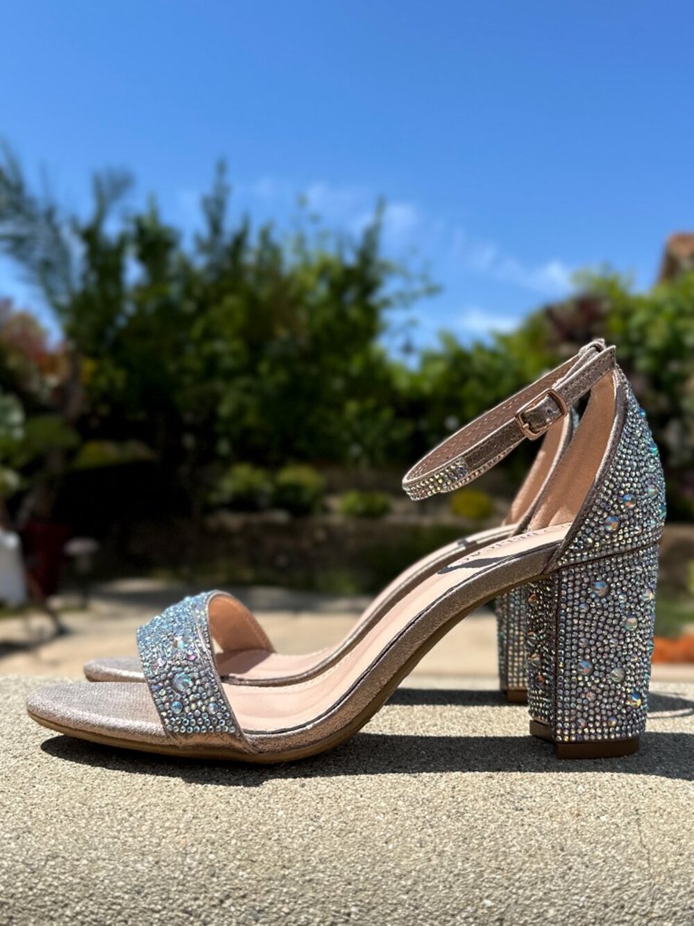 New Bling Gold Rhinestone Crystal Open Toe Dress Sandals Ankle Strap Block Heel - Picture 2 of 6
